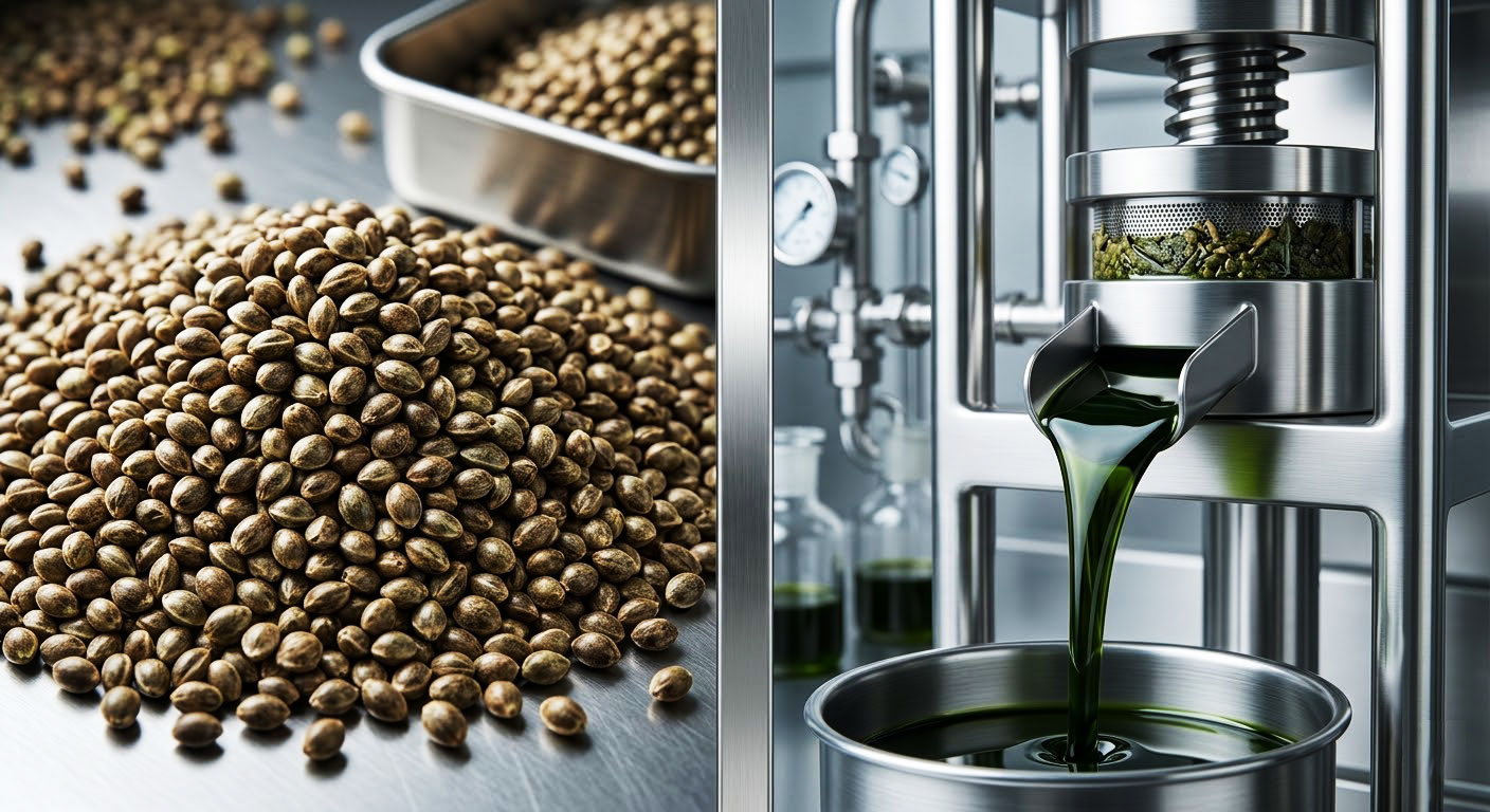 A mechanical cold-press machine extracting dark green hemp oil from organic seeds.