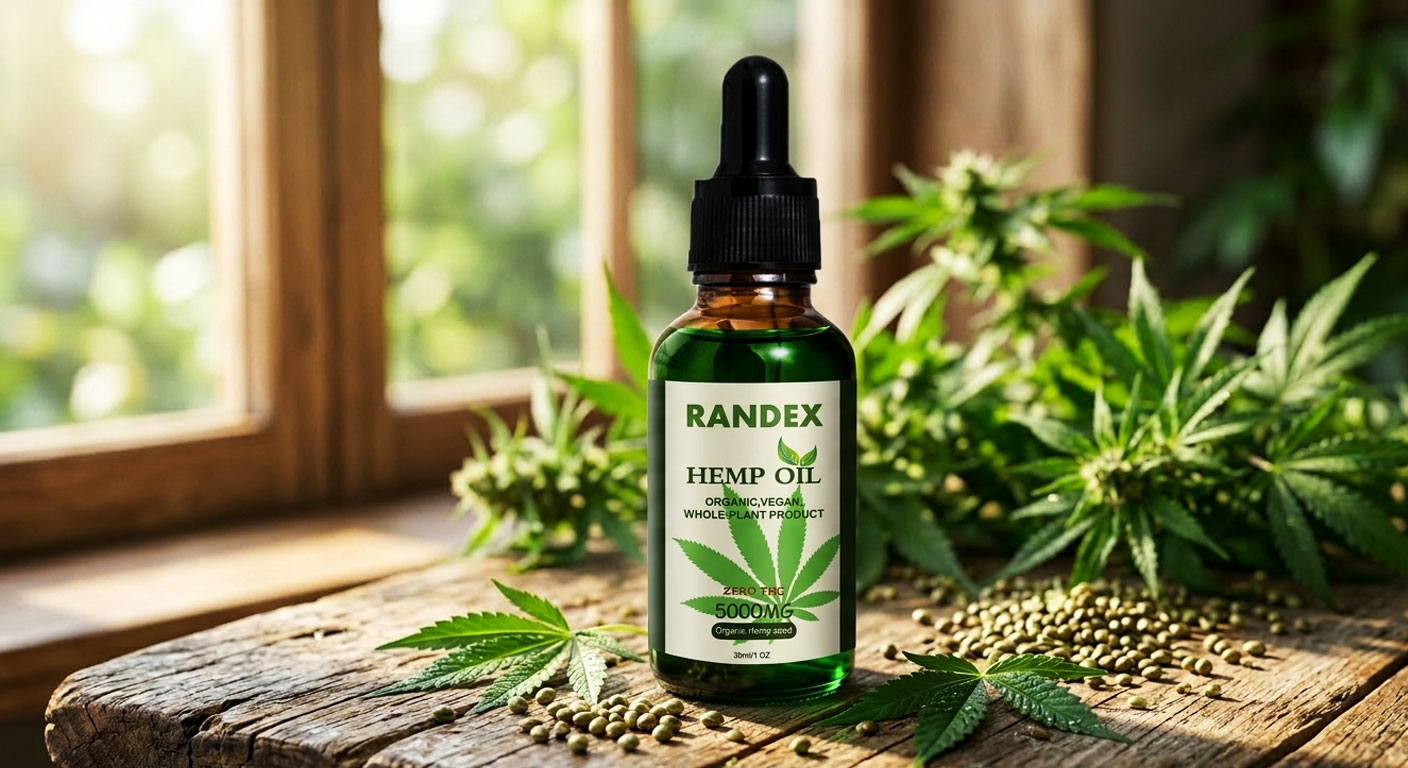 Organic Virgin Hemp Seed Oil bottle showing deep green color from cold-pressing