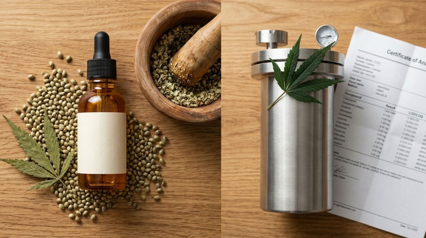 cold-pressed hemp oil bottle next to a CO2 extraction vessel and a Certificate of Analysis document